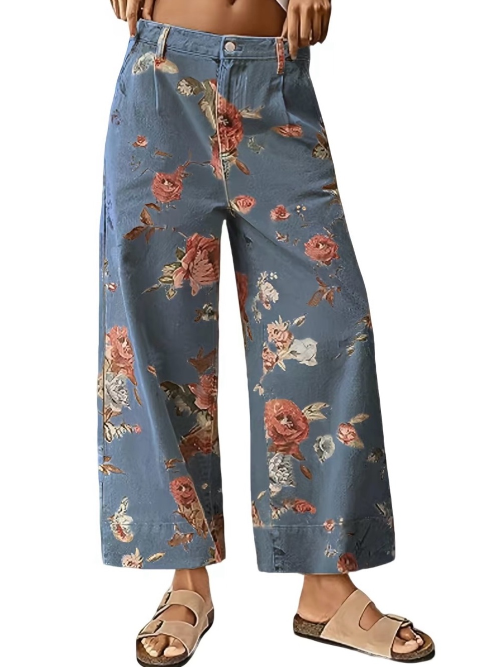 Women's Floral Print Wide Leg Cropped Pants  Mid Rise Boho Ankle XS